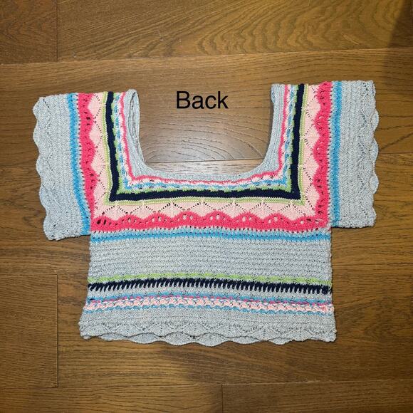 POL Crochet Bohemian Short Sleeve Crop Top Colorful Granny Knit Boho Size Small - Picture 2 of 6